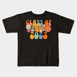Class Of 2023 Senior 23 Grad Retro Groovy Hippie Face Flower Kids T-Shirt